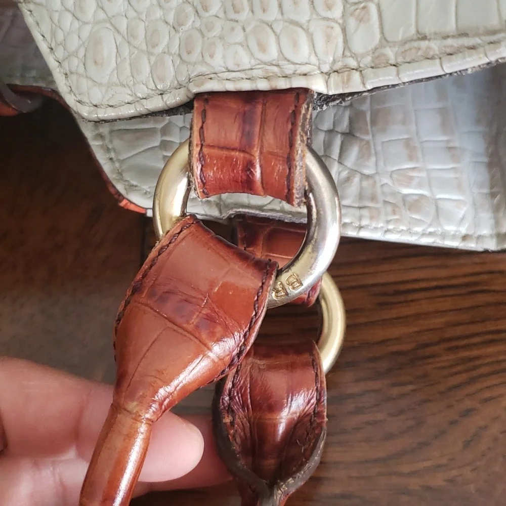 Brahmin Cream Tote with Brown Croc-Embossed Trim